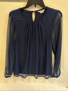 Boden Navy Sheer Long-Sleeve Pleated Front Blouse